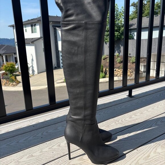 Jimmy Choo Hayley Black Leather Round Toe Knee High Heeled Boot Women's Size 7 - Picture 1 of 13